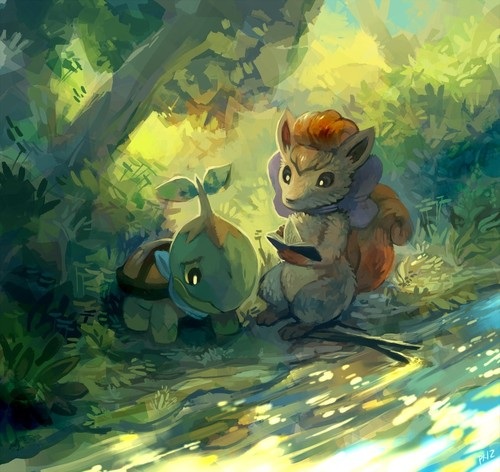 Turtwig and Ninetales little in woods